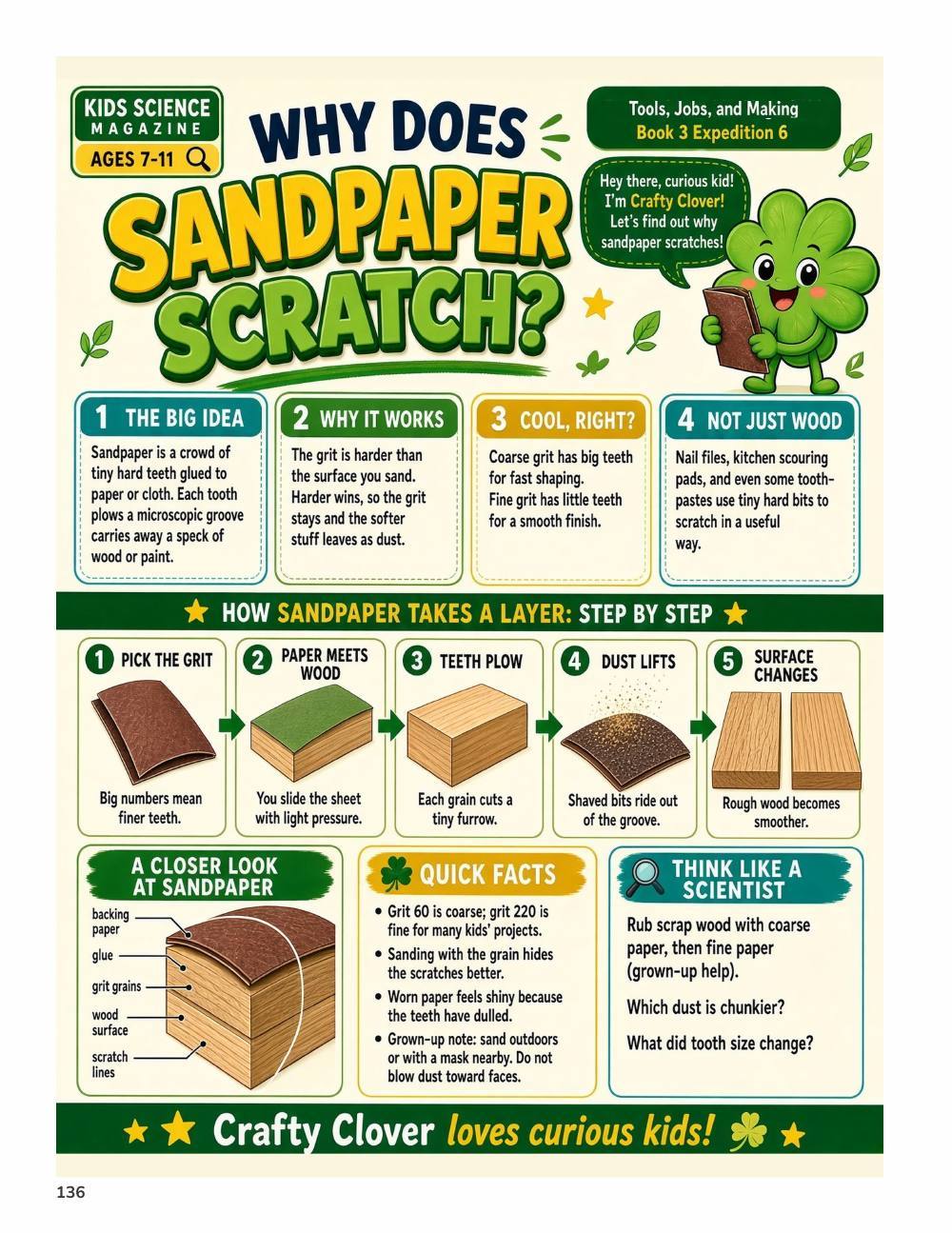 Illustrated page from A Million Whys Book 3 titled Why Does Sandpaper Scratch, with Crafty Clover.