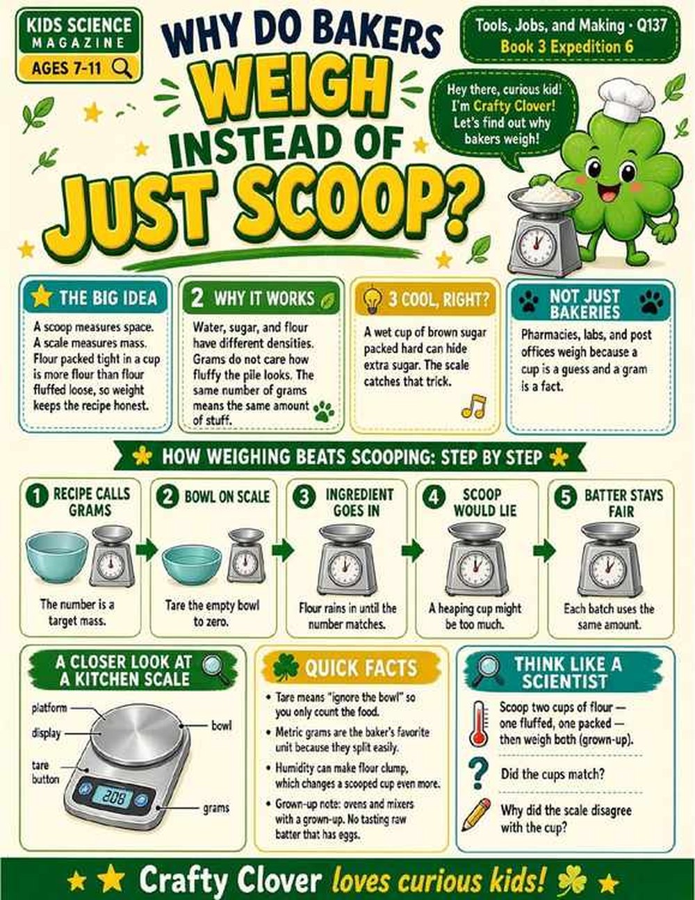 Illustrated page from A Million Whys Book 3 titled Why Do Bakers Weigh Instead of Just Scoop, with Crafty Clover.
