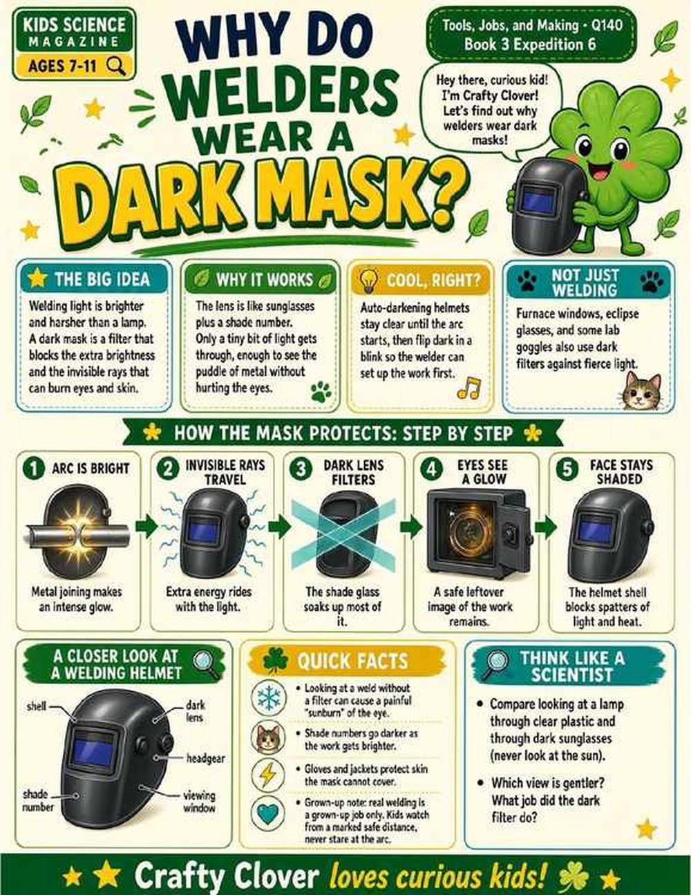 Illustrated page from A Million Whys Book 3 titled Why Do Welders Wear a Dark Mask, with Crafty Clover.