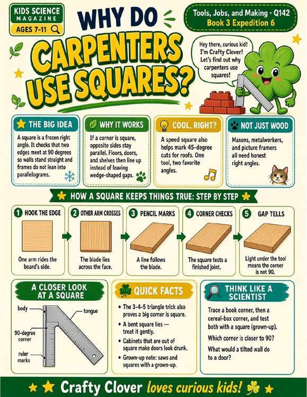 Illustrated page from A Million Whys Book 3 titled Why Do Carpenters Use Squares, with Crafty Clover.