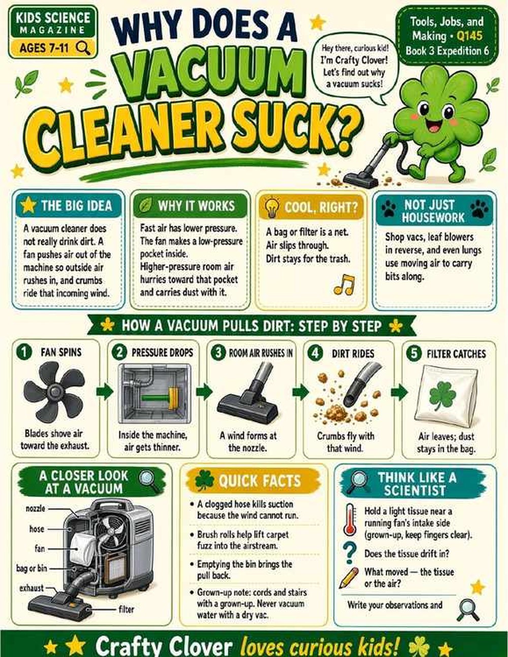 Illustrated page from A Million Whys Book 3 titled Why Does a Vacuum Cleaner Suck, with Crafty Clover.