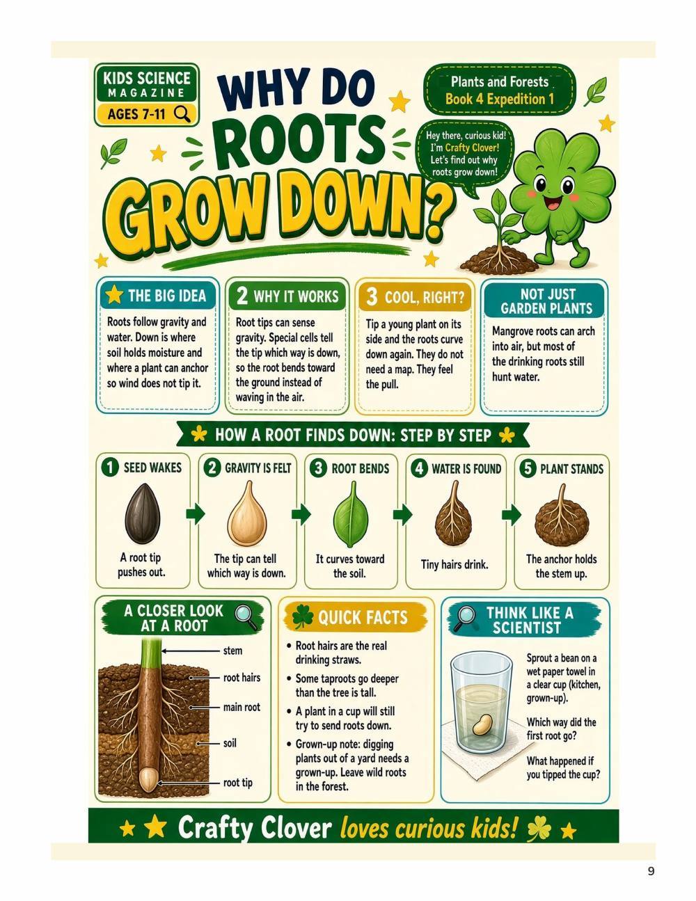 Illustrated page from A Million Whys Book 4 titled Why Do Roots Grow Down, with Crafty Clover.