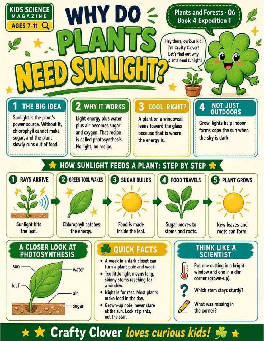 Illustrated page from A Million Whys Book 4 titled Why Do Plants Need Sunlight, with Crafty Clover.
