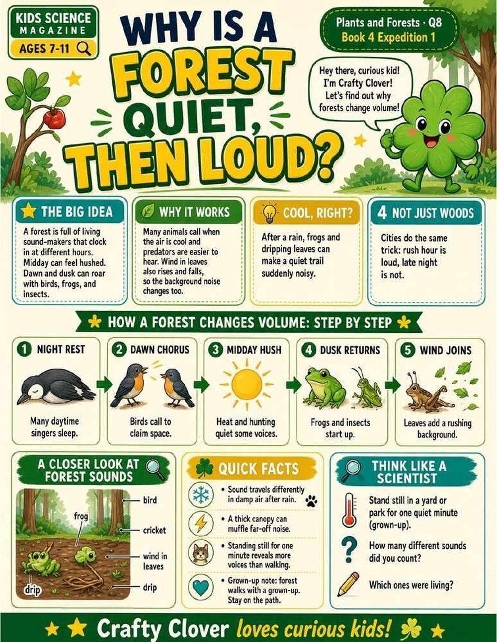 Illustrated page from A Million Whys Book 4 titled Why Is a Forest Quiet, Then Loud, with Crafty Clover.