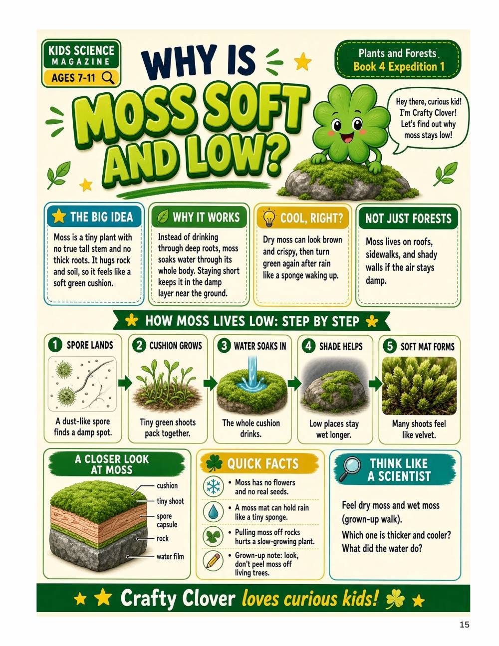 Illustrated page from A Million Whys Book 4 titled Why Is Moss So Soft and Low, with Crafty Clover.
