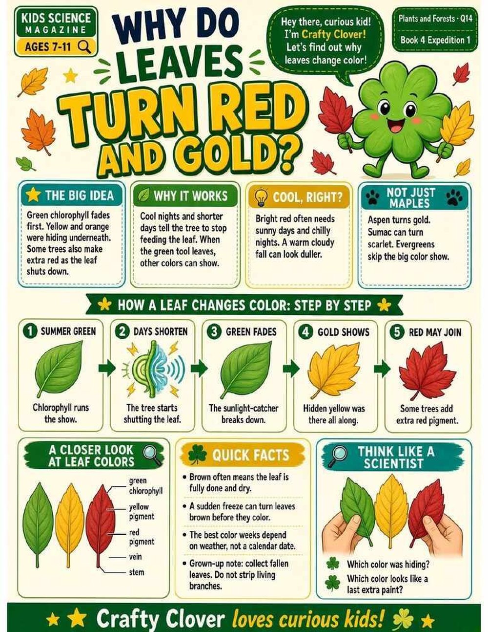 Illustrated page from A Million Whys Book 4 titled Why Do Leaves Turn Red and Gold, with Crafty Clover.