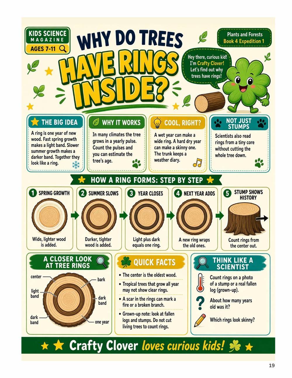 Illustrated page from A Million Whys Book 4 titled Why Do Trees Have Rings Inside, with Crafty Clover.