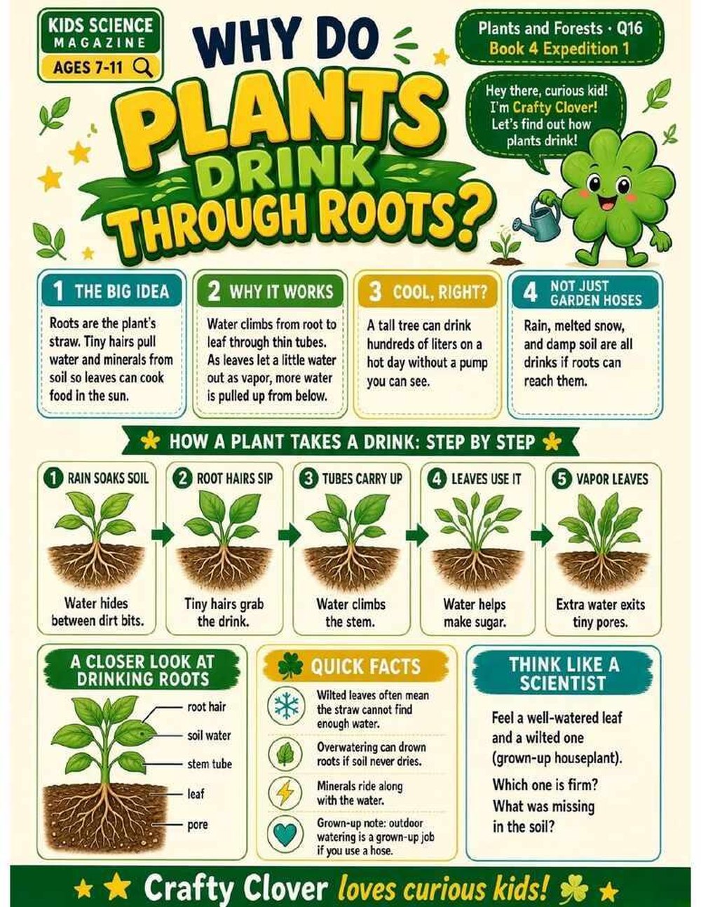 Illustrated page from A Million Whys Book 4 titled Why Do Plants Drink Through Roots, with Crafty Clover.