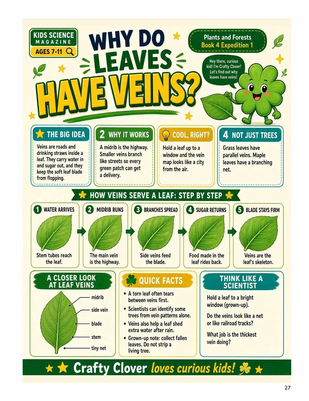 Illustrated page from A Million Whys Book 4 titled Why Do Leaves Have Veins, with Crafty Clover.