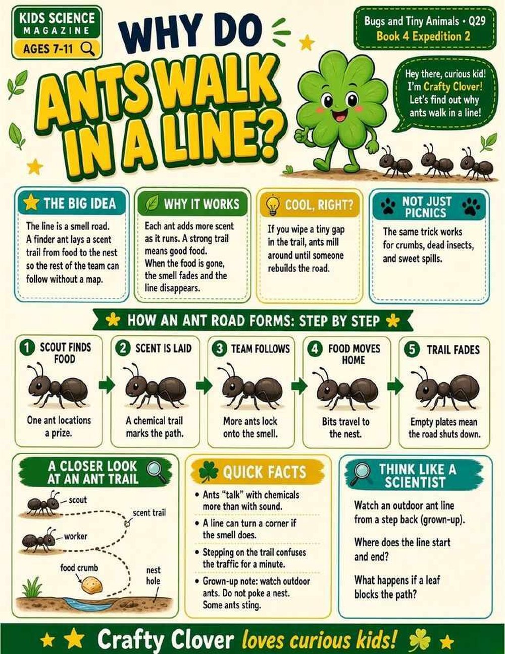Illustrated page from A Million Whys Book 4 titled Why Do Ants Walk in a Line, with Crafty Clover.