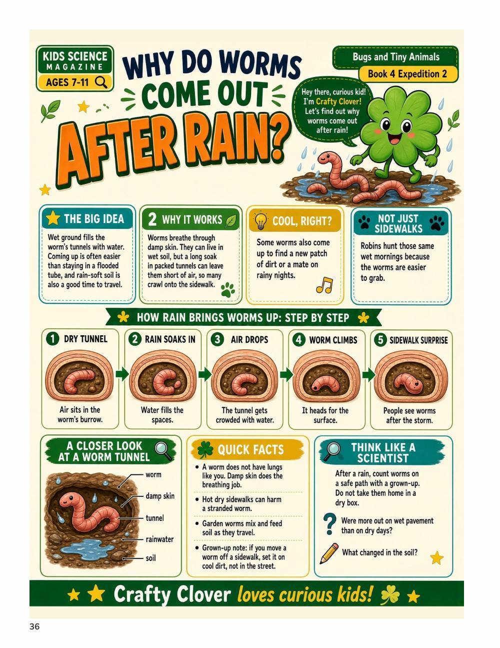 Illustrated page from A Million Whys Book 4 titled Why Do Worms Come Out After Rain, with Crafty Clover.