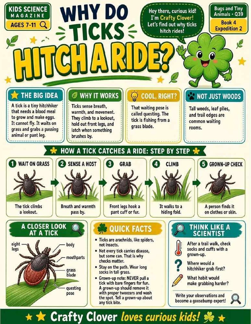 Illustrated page from A Million Whys Book 4 titled Why Do Ticks Hitch a Ride, with Crafty Clover.