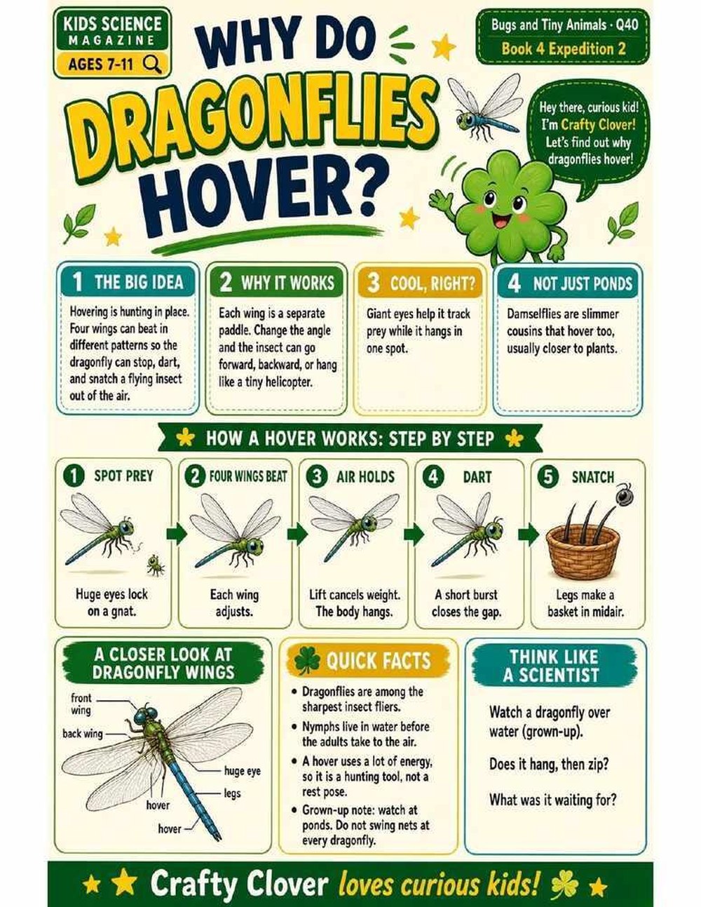Illustrated page from A Million Whys Book 4 titled Why Do Dragonflies Hover, with Crafty Clover.