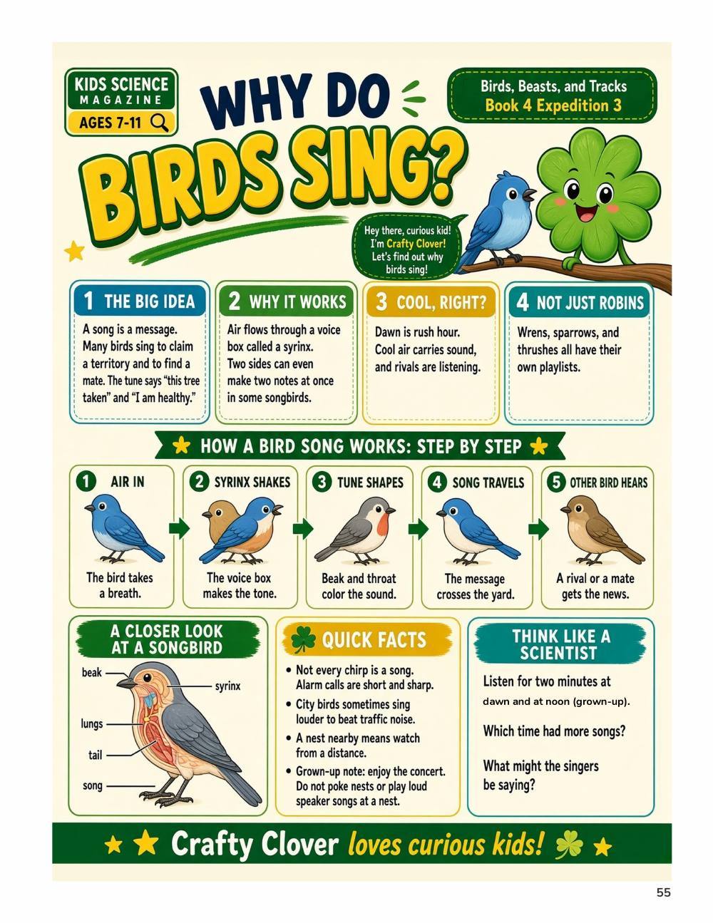 Illustrated page from A Million Whys Book 4 titled Why Do Birds Sing, with Crafty Clover.