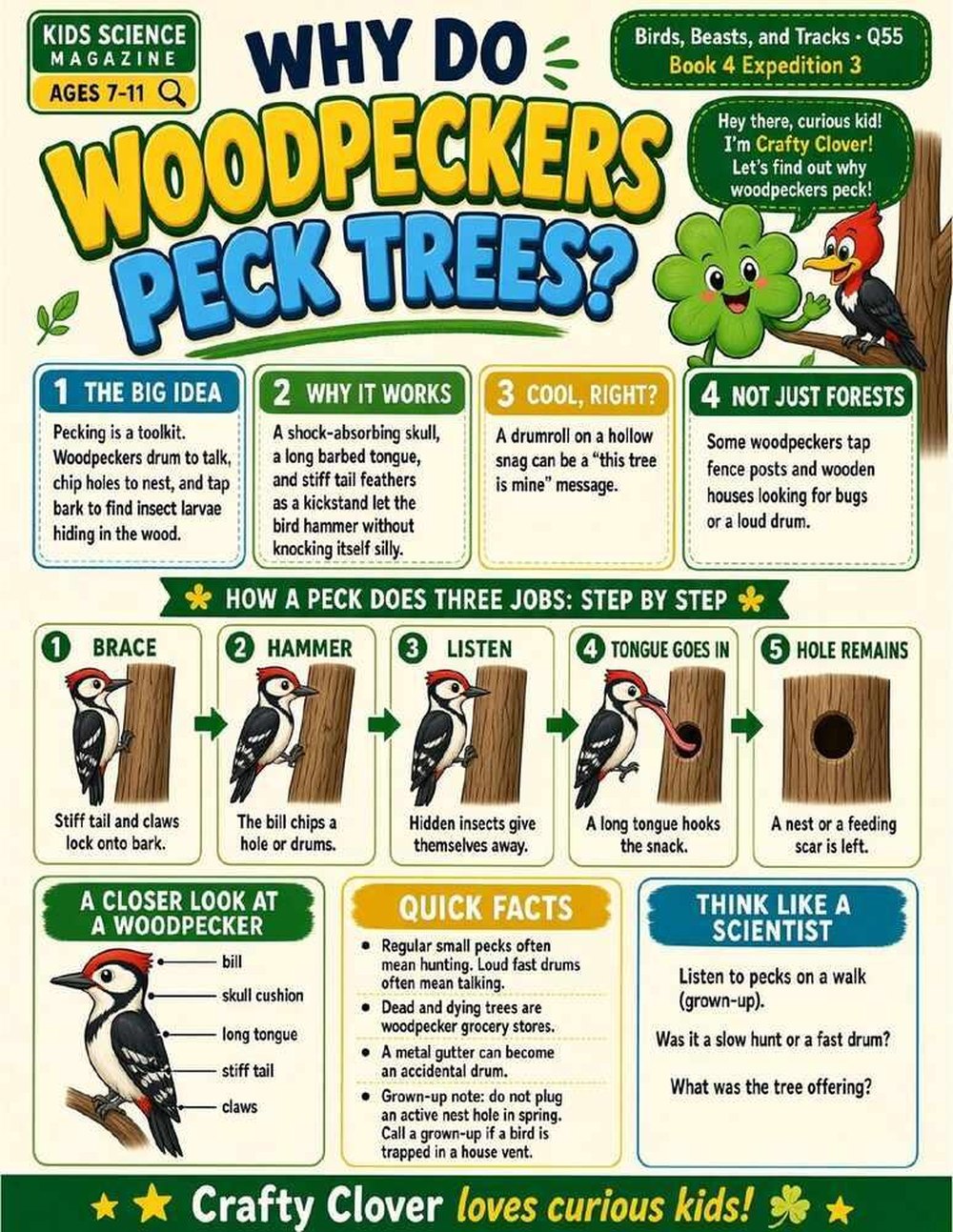 Illustrated page from A Million Whys Book 4 titled Why Do Woodpeckers Peck Trees, with Crafty Clover.