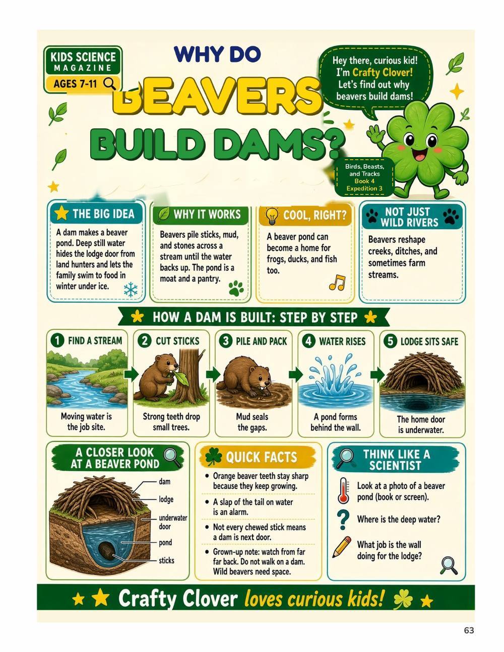 Illustrated page from A Million Whys Book 4 titled Why Do Beavers Build Dams, with Crafty Clover.