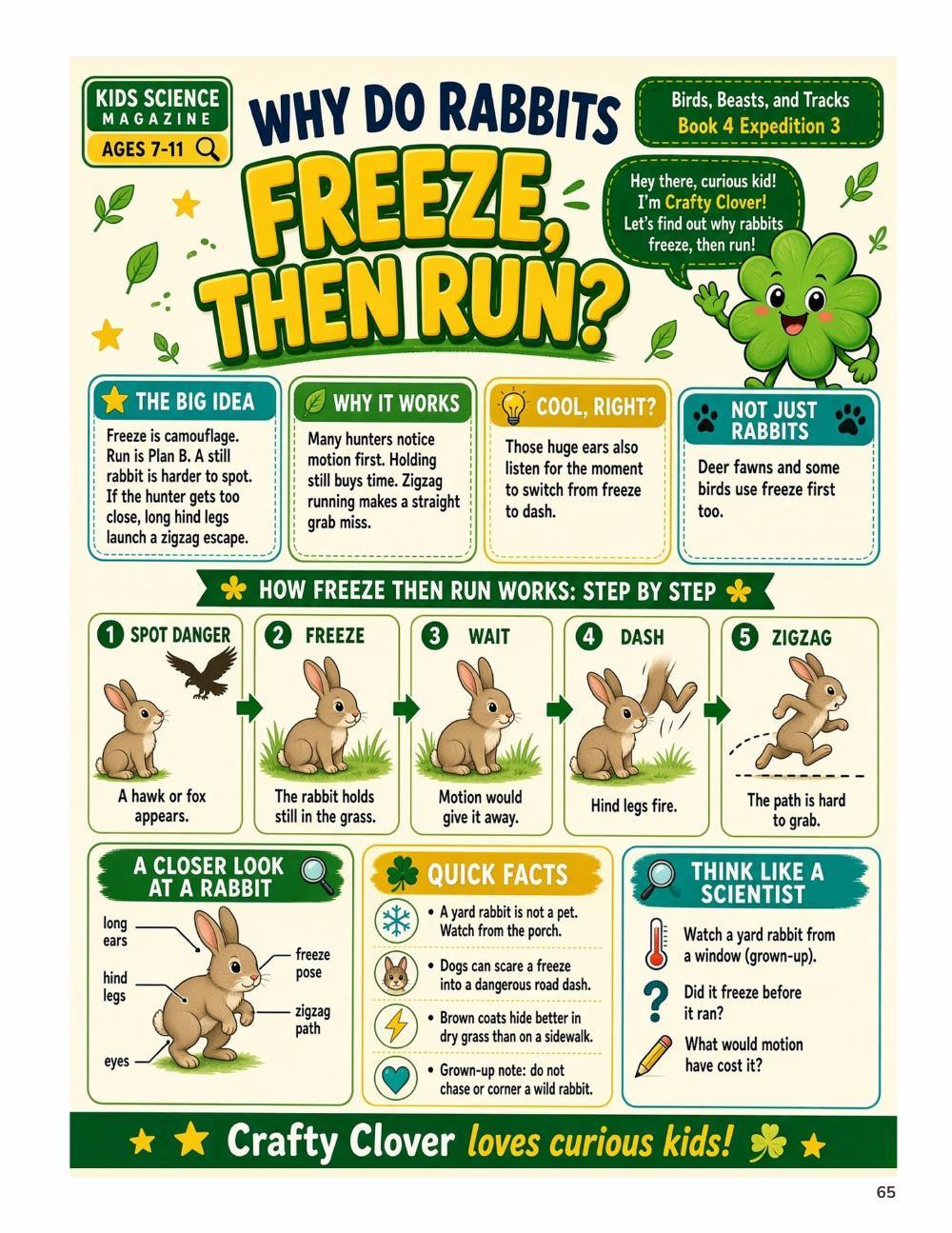 Illustrated page from A Million Whys Book 4 titled Why Do Rabbits Freeze, Then Run, with Crafty Clover.