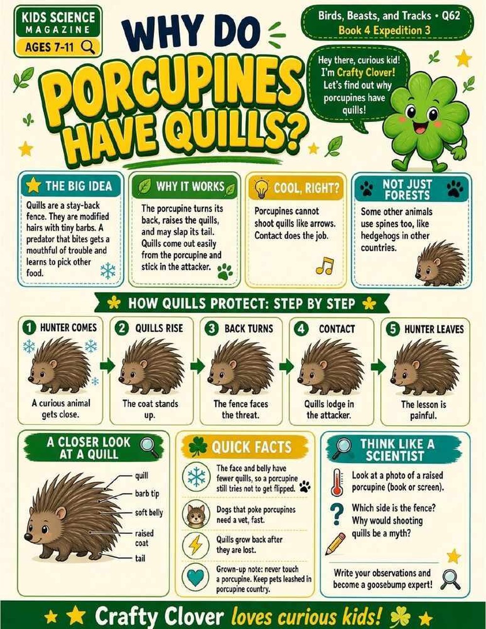 Illustrated page from A Million Whys Book 4 titled Why Do Porcupines Have Quills, with Crafty Clover.