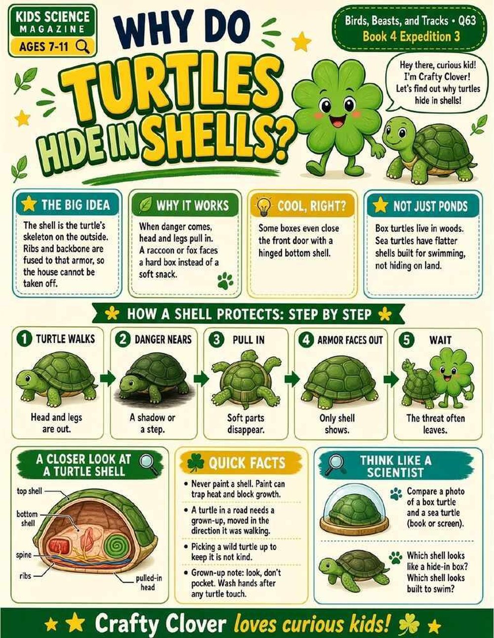 Illustrated page from A Million Whys Book 4 titled Why Do Turtles Hide in Shells, with Crafty Clover.