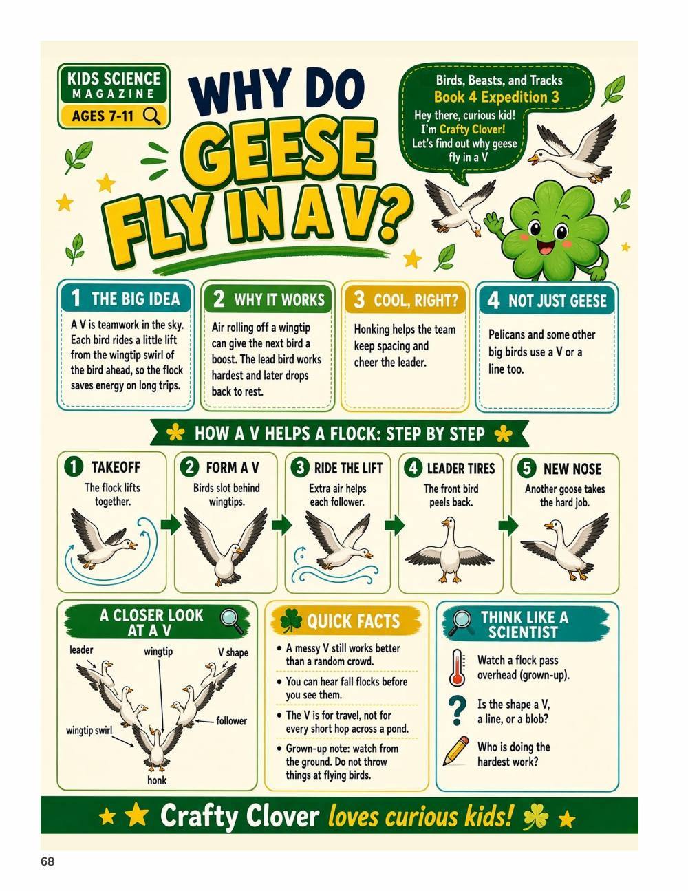 Illustrated page from A Million Whys Book 4 titled Why Do Geese Fly in a V, with Crafty Clover.