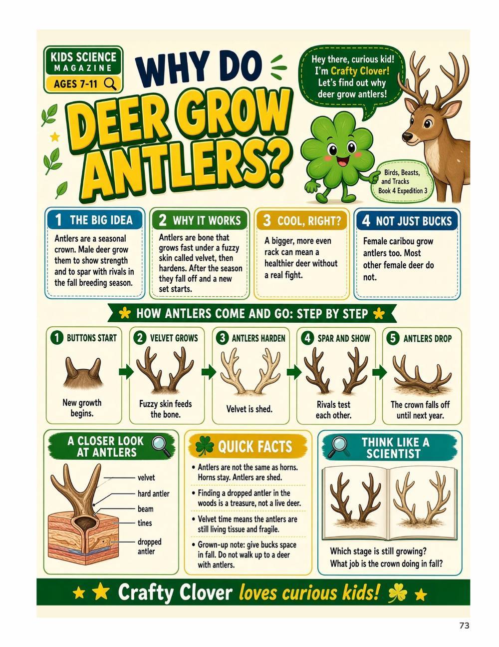 Illustrated page from A Million Whys Book 4 titled Why Do Deer Grow Antlers, with Crafty Clover.