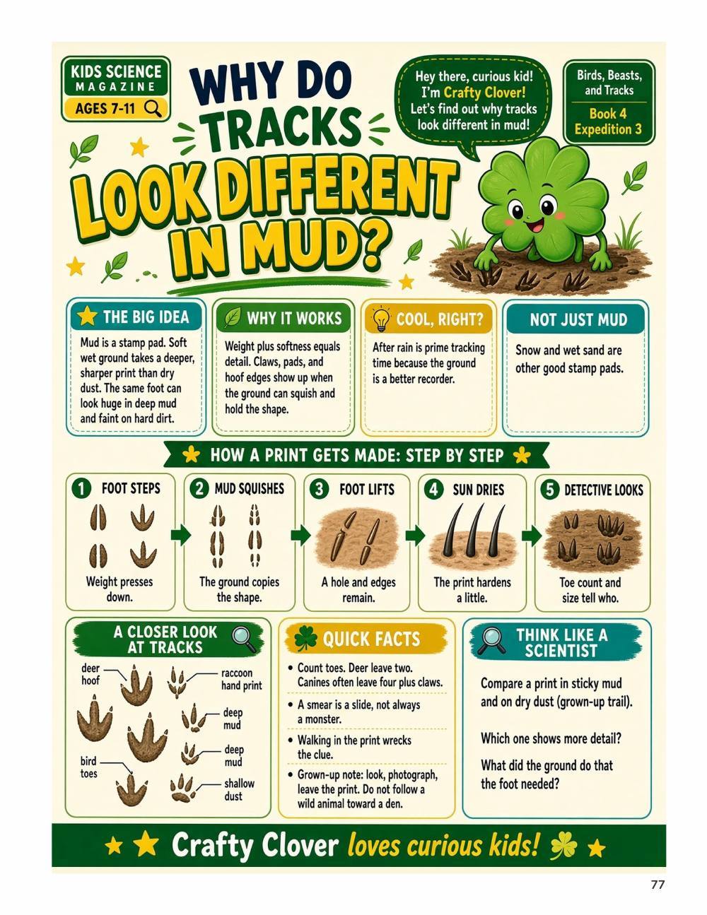 Illustrated page from A Million Whys Book 4 titled Why Do Tracks Look Different in Mud, with Crafty Clover.