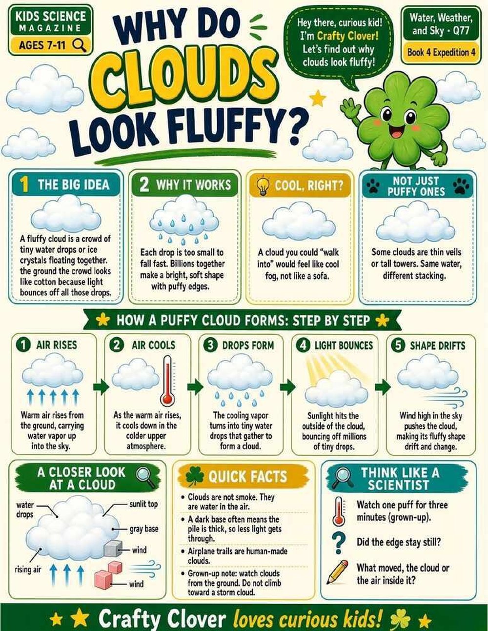 Illustrated page from A Million Whys Book 4 titled Why Do Clouds Look Fluffy, with Crafty Clover.