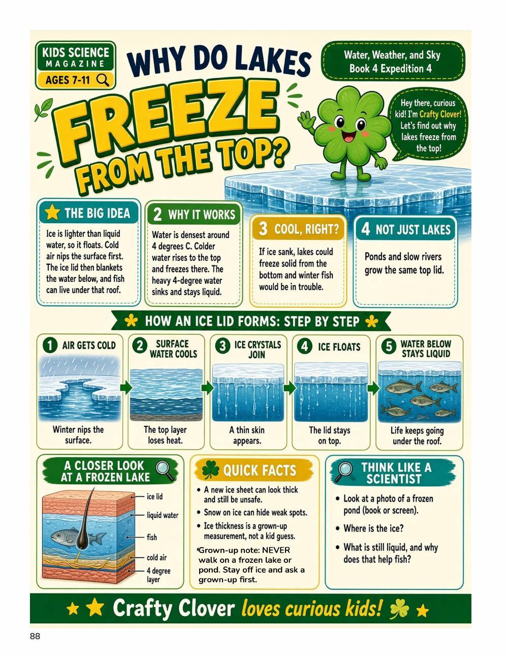 Illustrated page from A Million Whys Book 4 titled Why Do Lakes Freeze From the Top, with Crafty Clover.