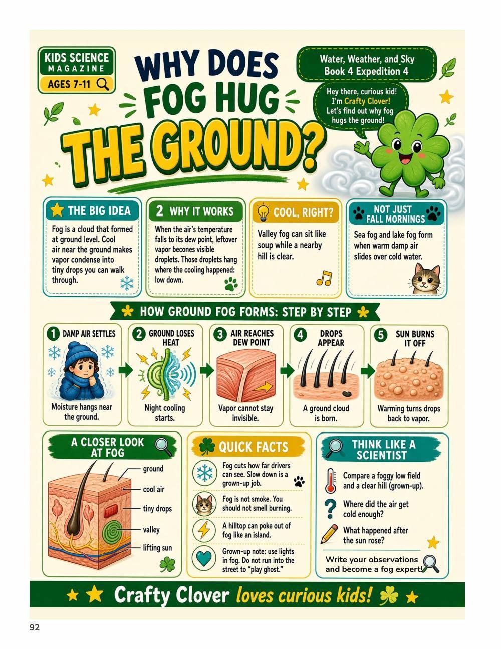 Illustrated page from A Million Whys Book 4 titled Why Does Fog Hug the Ground, with Crafty Clover.