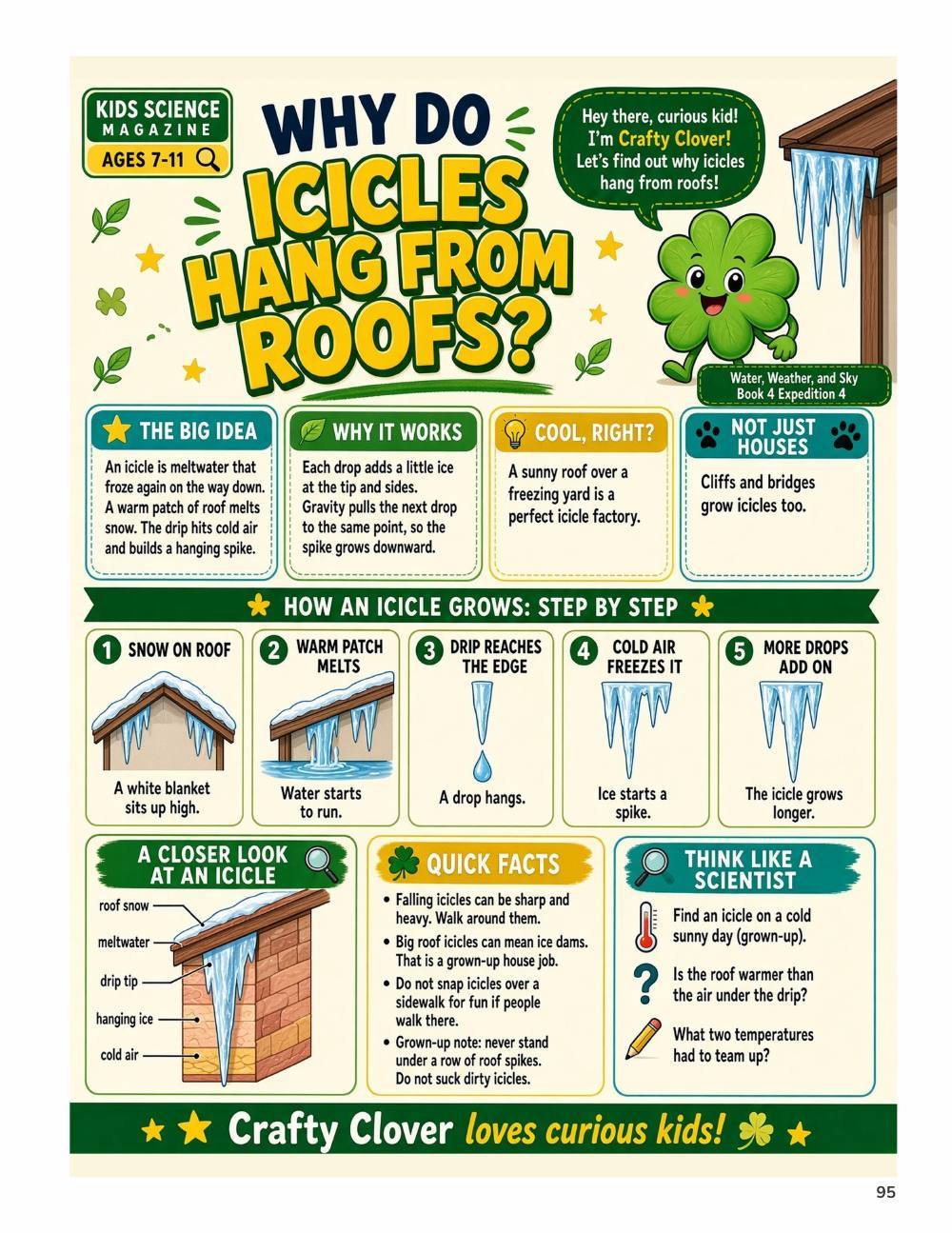Illustrated page from A Million Whys Book 4 titled Why Do Icicles Hang From Roofs, with Crafty Clover.