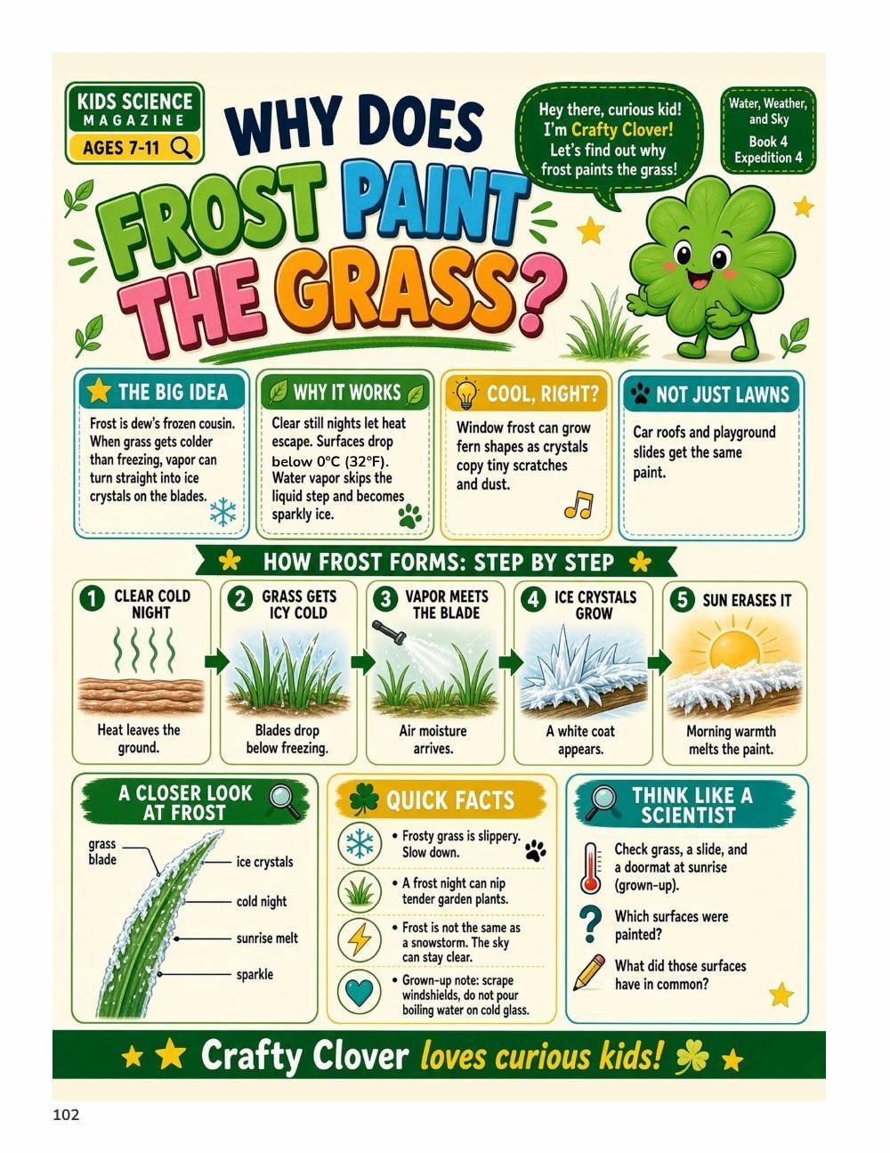 Illustrated page from A Million Whys Book 4 titled Why Does Frost Paint the Grass, with Crafty Clover.