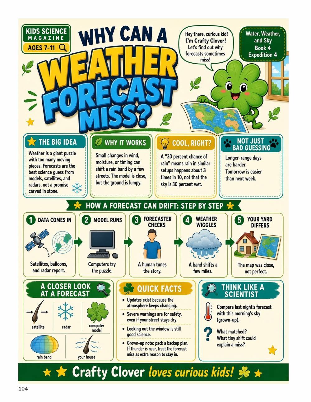 Illustrated page from A Million Whys Book 4 titled Why Can a Weather Forecast Miss, with Crafty Clover.