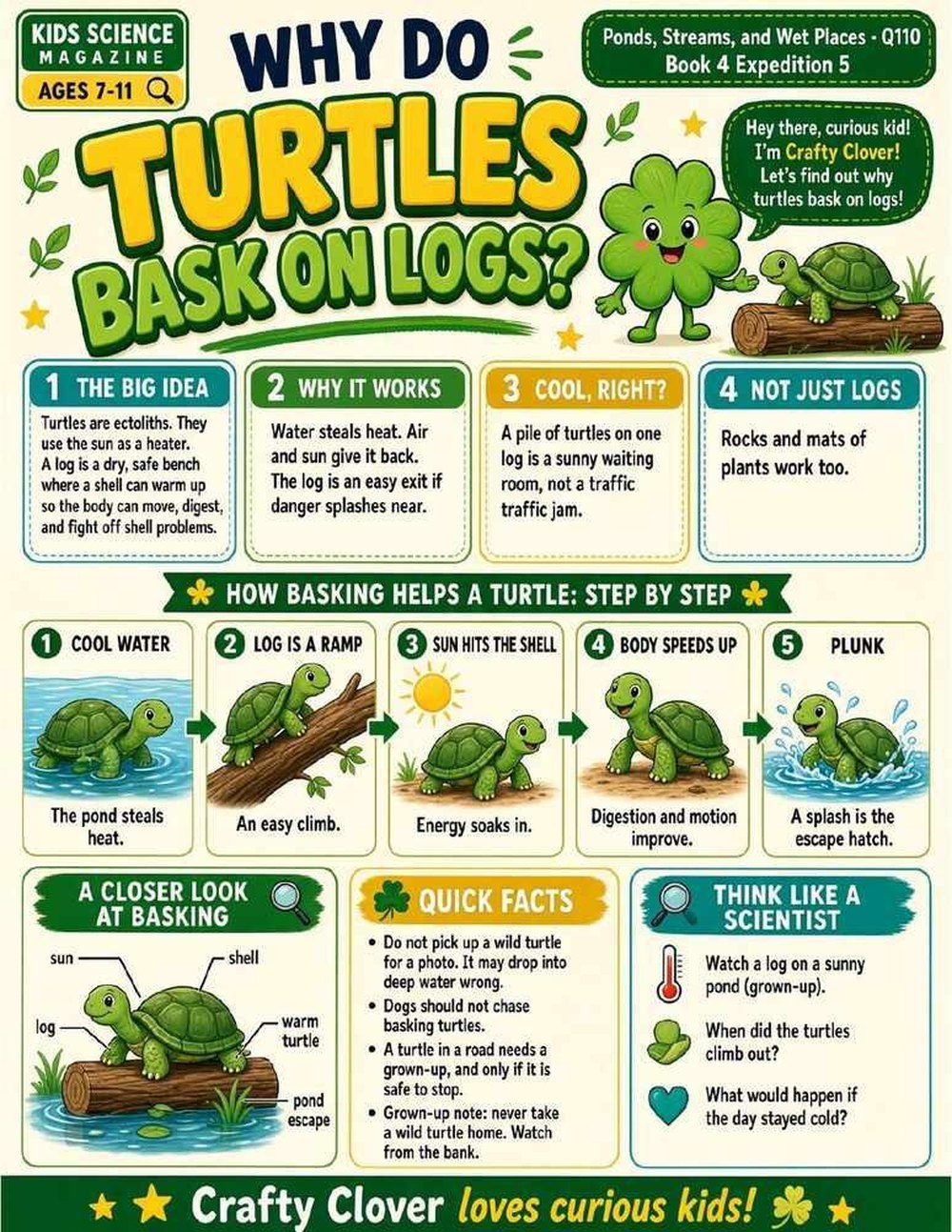 Illustrated page from A Million Whys Book 4 titled Why Do Turtles Bask on Logs, with Crafty Clover.