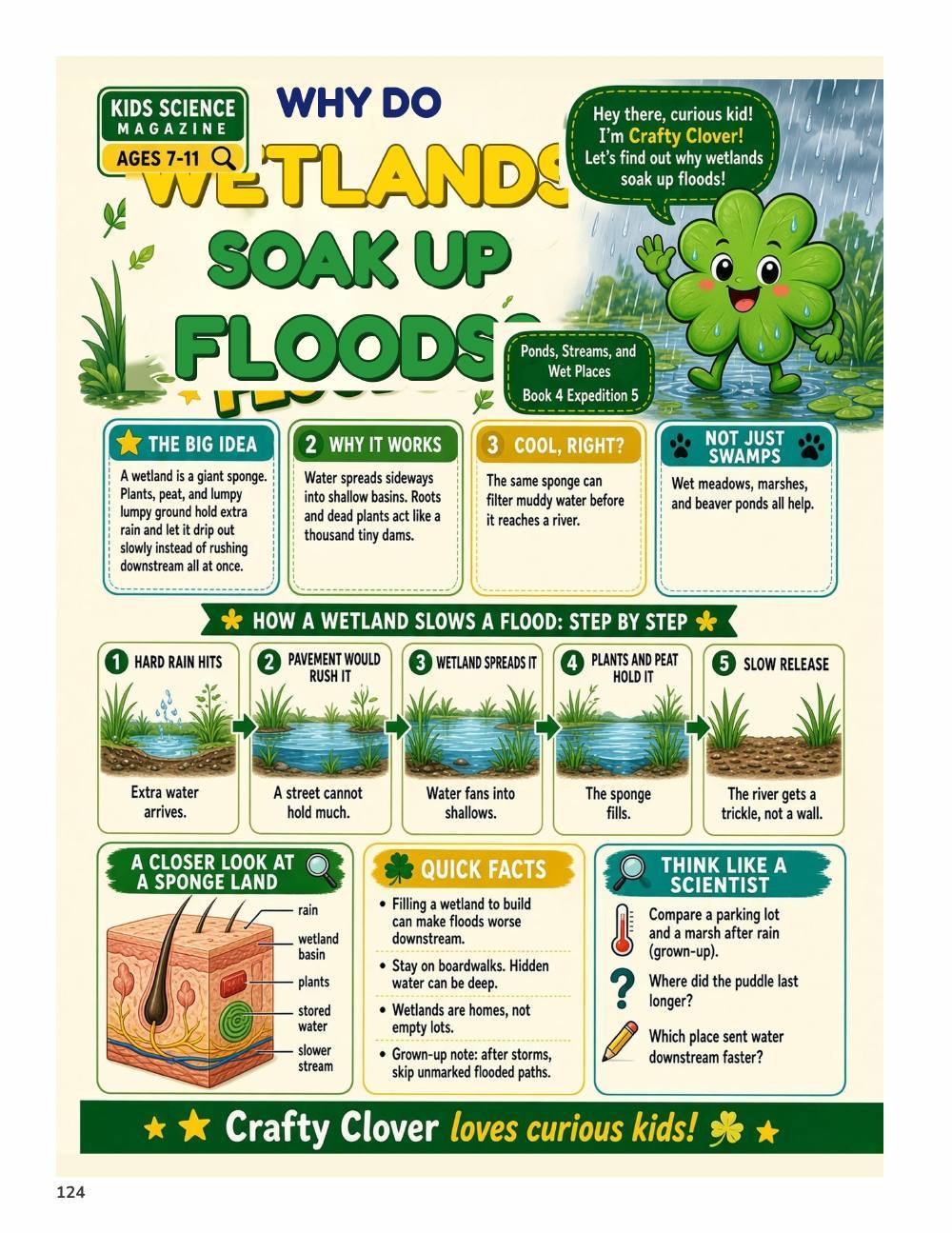 Illustrated page from A Million Whys Book 4 titled Why Do Wetlands Soak Up Floods, with Crafty Clover.