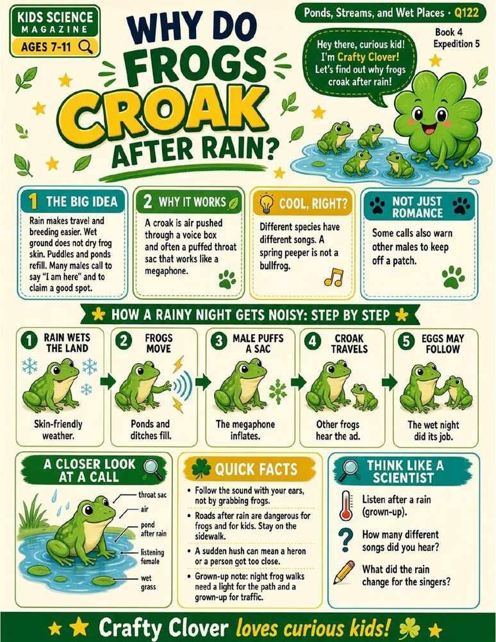 Illustrated page from A Million Whys Book 4 titled Why Do Frogs Croak After Rain? The Pond Chorus, with Crafty Clover.