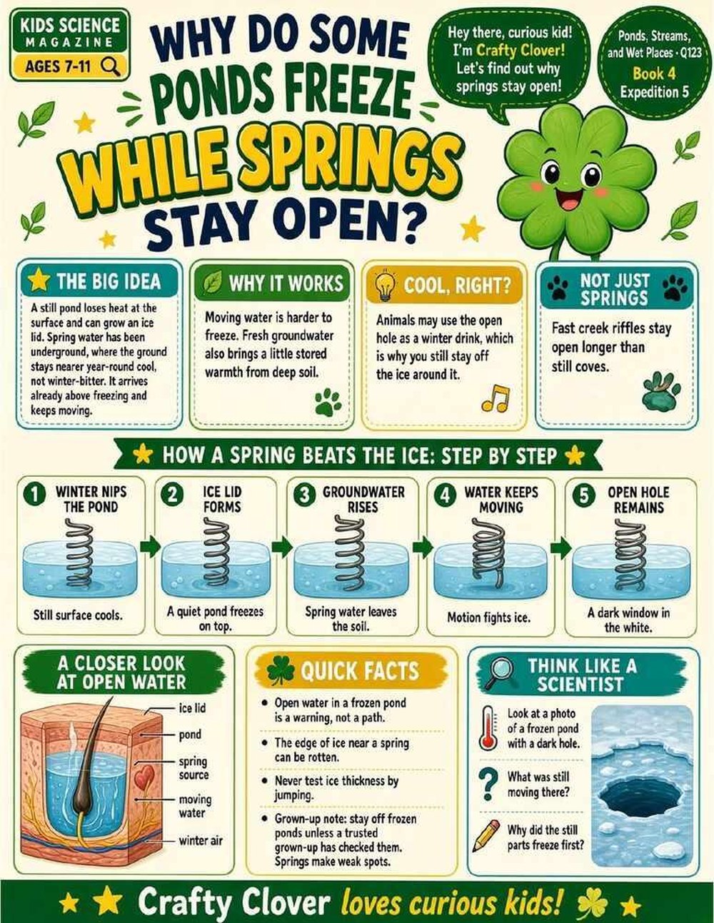 Illustrated page from A Million Whys Book 4 titled Why Do Some Ponds Freeze While Springs Stay Open, with Crafty Clover.