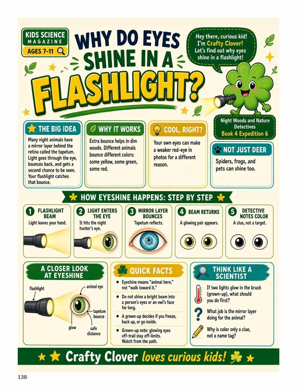 Illustrated page from A Million Whys Book 4 titled Why Do Eyes Shine in a Flashlight, with Crafty Clover.