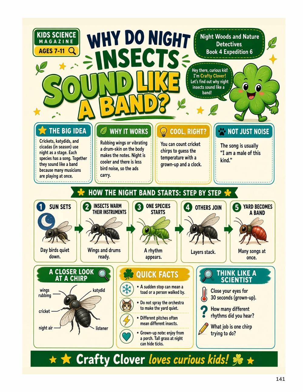 Illustrated page from A Million Whys Book 4 titled Why Do Night Insects Sound Like a Band, with Crafty Clover.