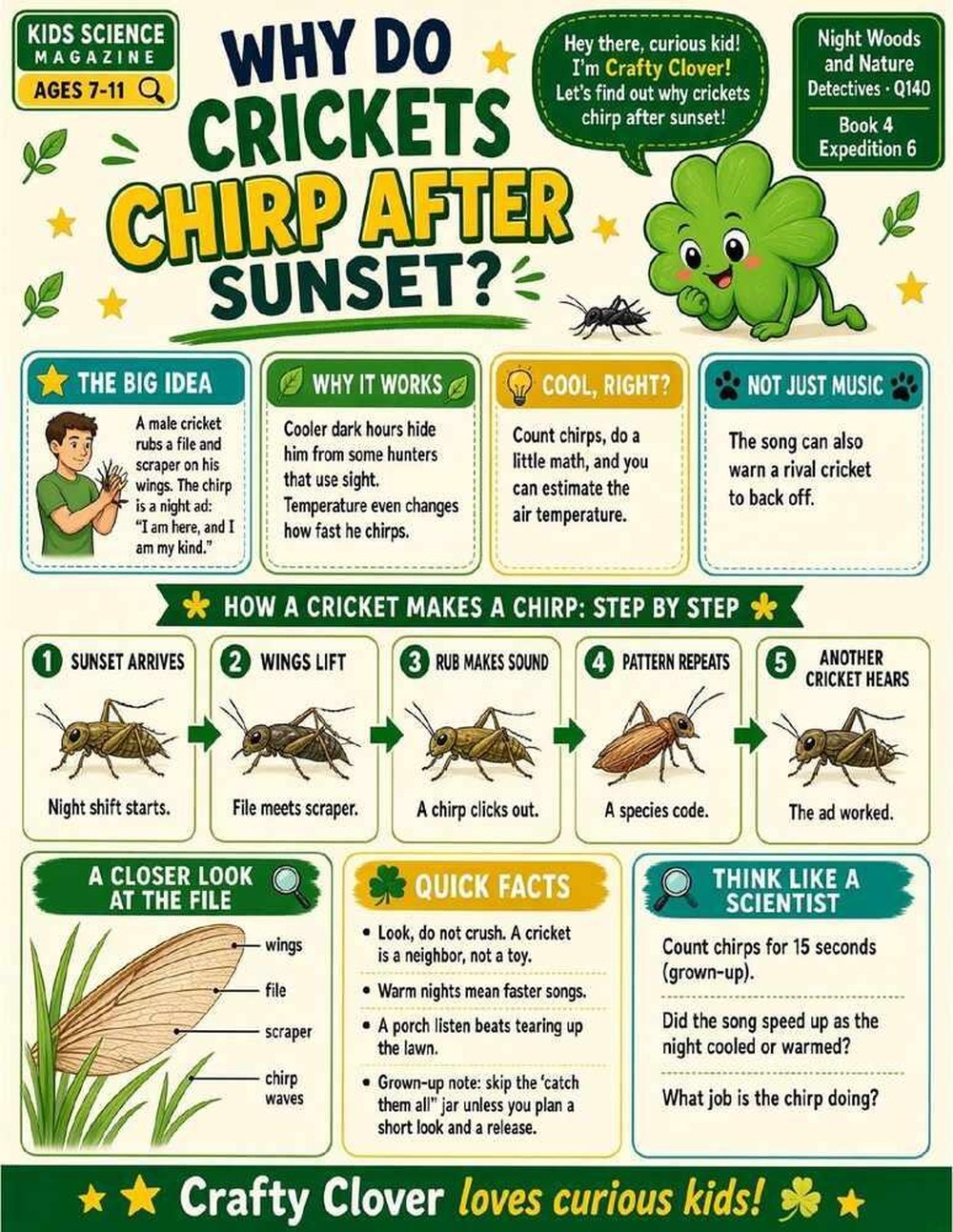 Illustrated page from A Million Whys Book 4 titled Why Do Crickets Chirp After Sunset, with Crafty Clover.