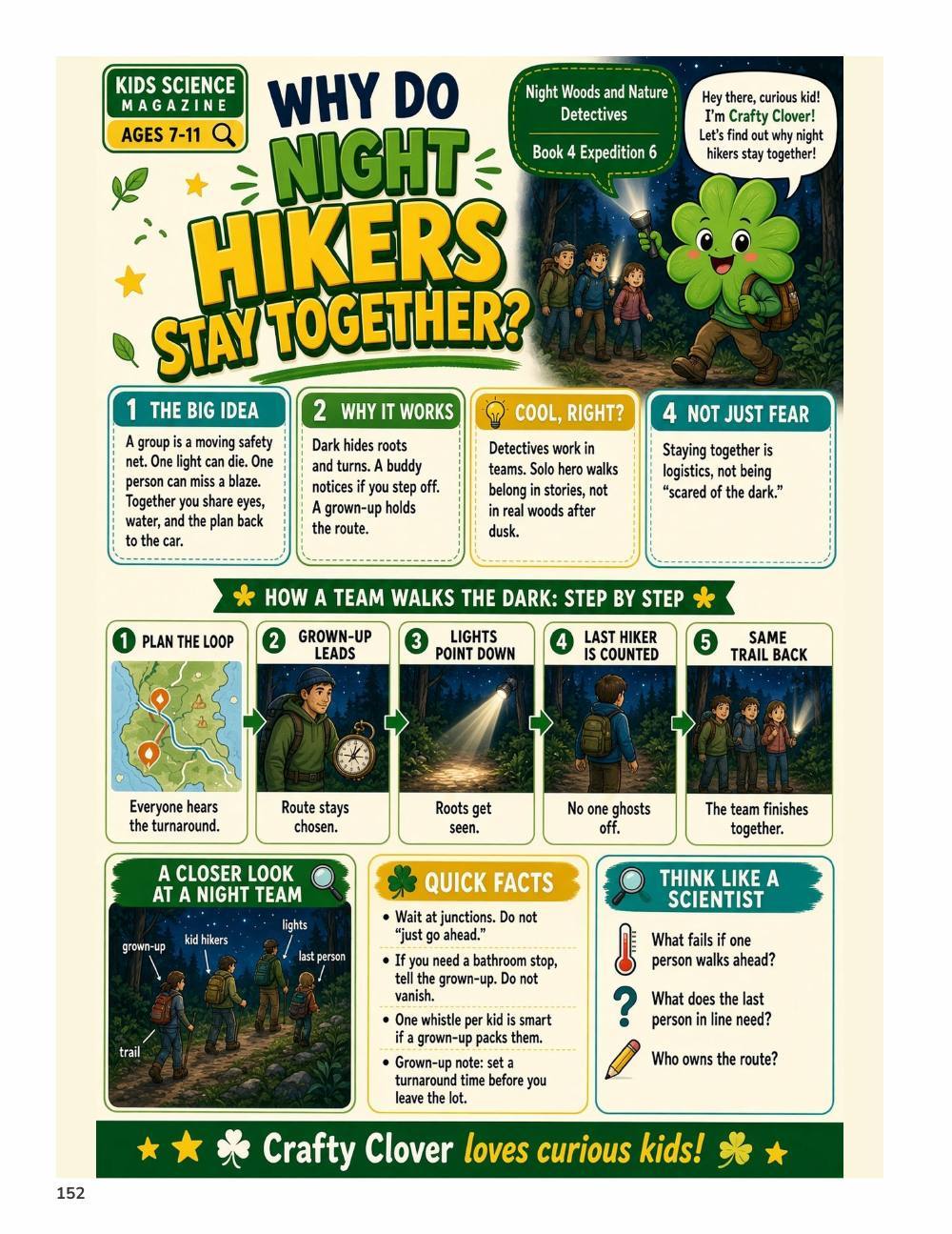 Illustrated page from A Million Whys Book 4 titled Why Do Night Hikers Stay Together, with Crafty Clover.