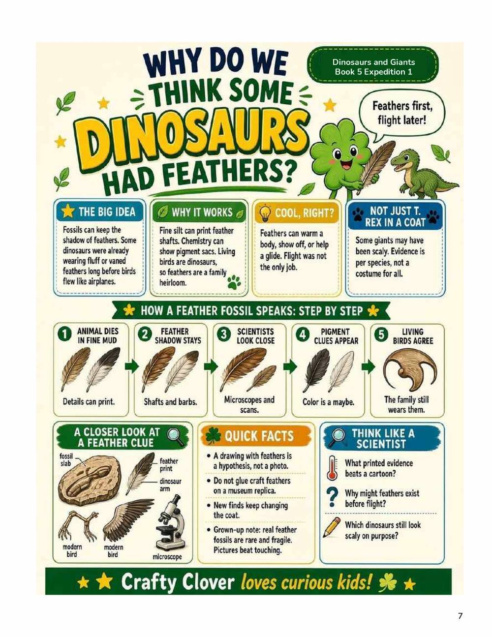 Illustrated page from A Million Whys Book 5 titled Why Do We Think Dinosaurs Had Feathers, with Crafty Clover.