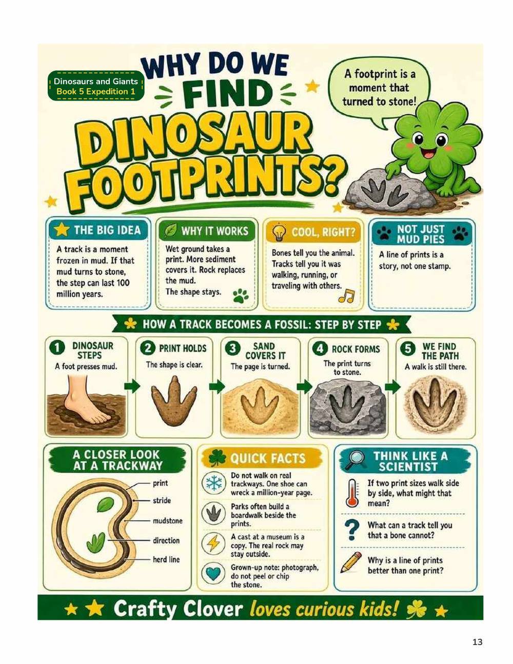 Illustrated page from A Million Whys Book 5 titled Why Do We Find Dinosaur Footprints, with Crafty Clover.