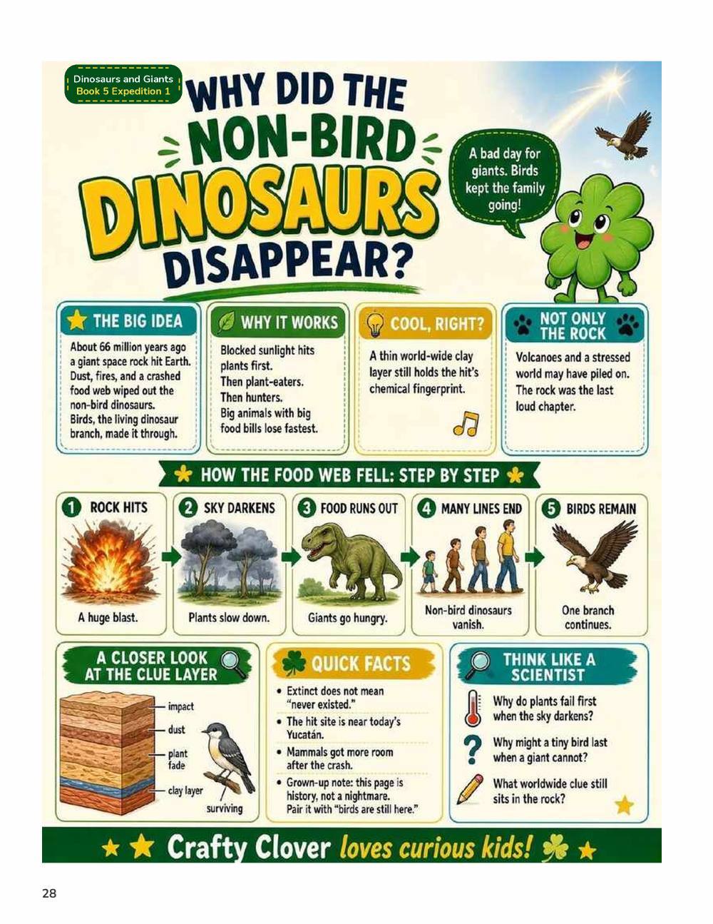 Illustrated page from A Million Whys Book 5 titled Why Did Non-Bird Dinosaurs Disappear, with Crafty Clover.