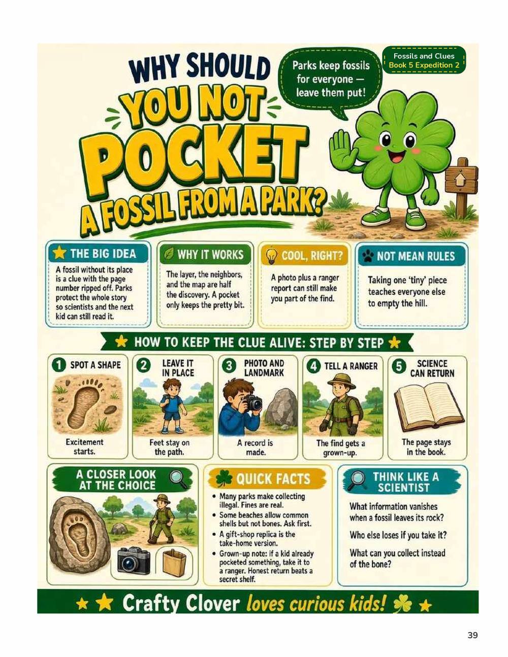 Illustrated page from A Million Whys Book 5 titled Why Not Pocket a Fossil From a Park, with Crafty Clover.