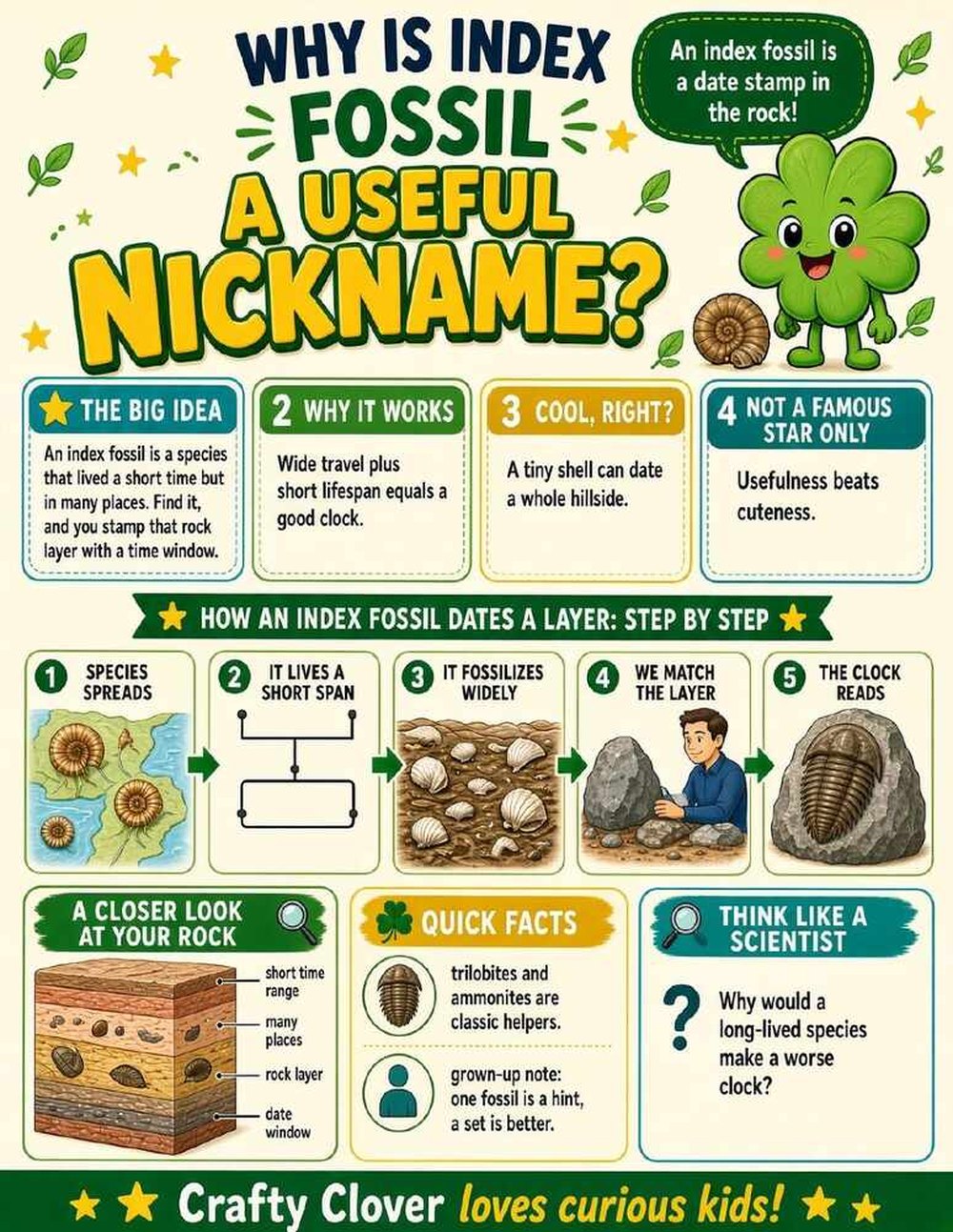 Illustrated page from A Million Whys Book 5 titled Why Is Index Fossil a Useful Nickname, with Crafty Clover.
