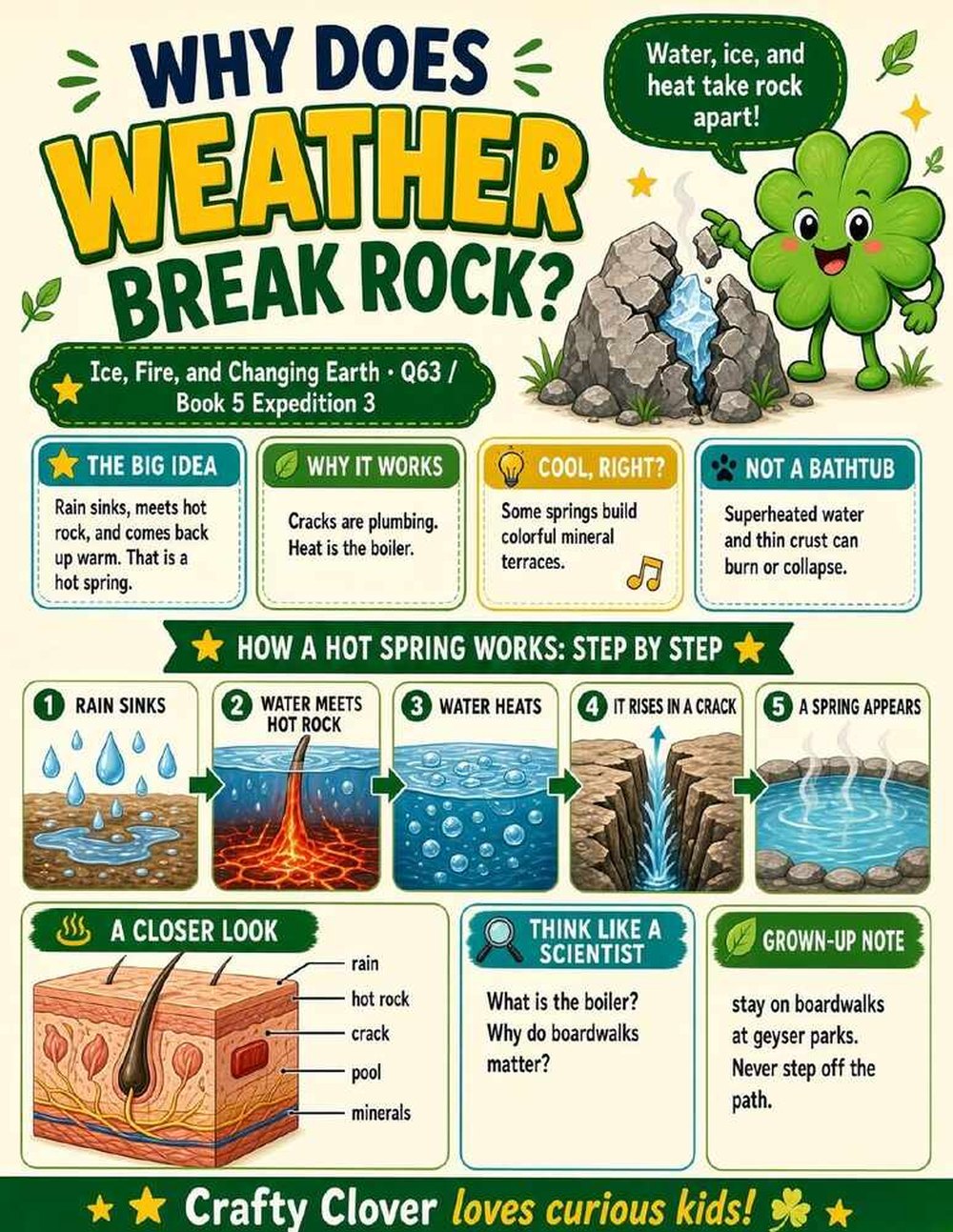 Illustrated page from A Million Whys Book 5 titled Why Does Weather Break Rock, with Crafty Clover.