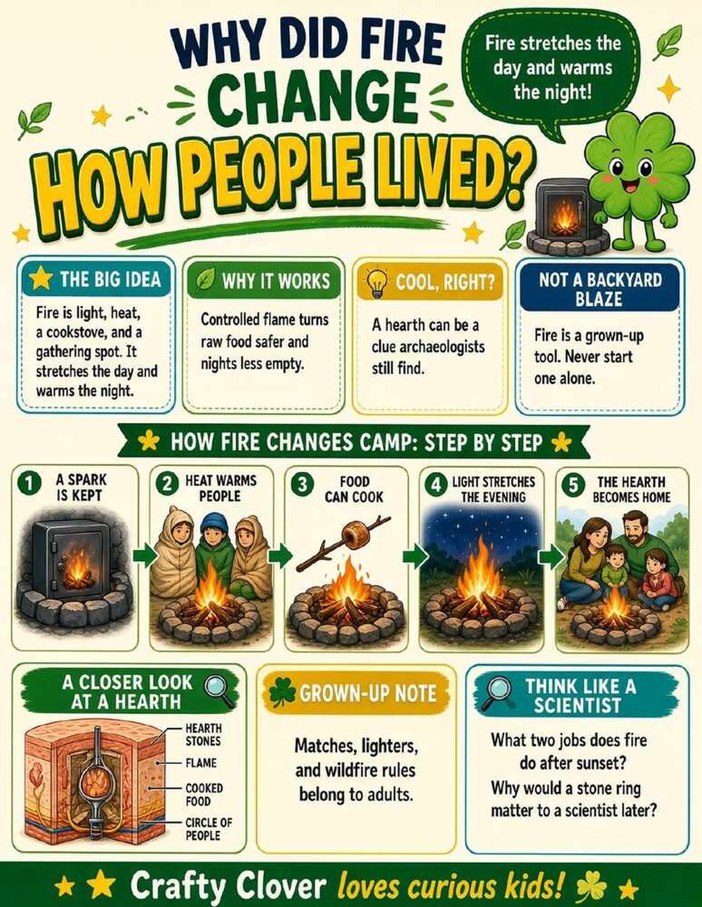 Illustrated page from A Million Whys Book 5 titled Why Did Fire Change How People Lived, with Crafty Clover.