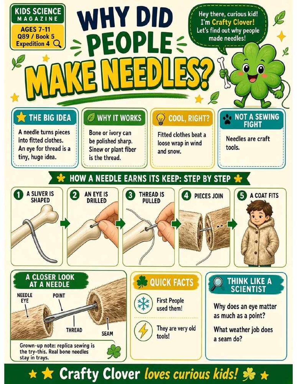 Illustrated page from A Million Whys Book 5 titled Why Did People Make Needles, with Crafty Clover.