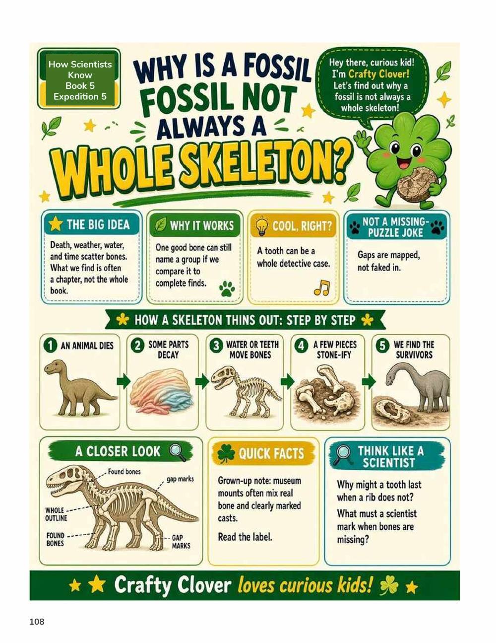 Illustrated page from A Million Whys Book 5 titled Why Is a Fossil Not Always Whole, with Crafty Clover.
