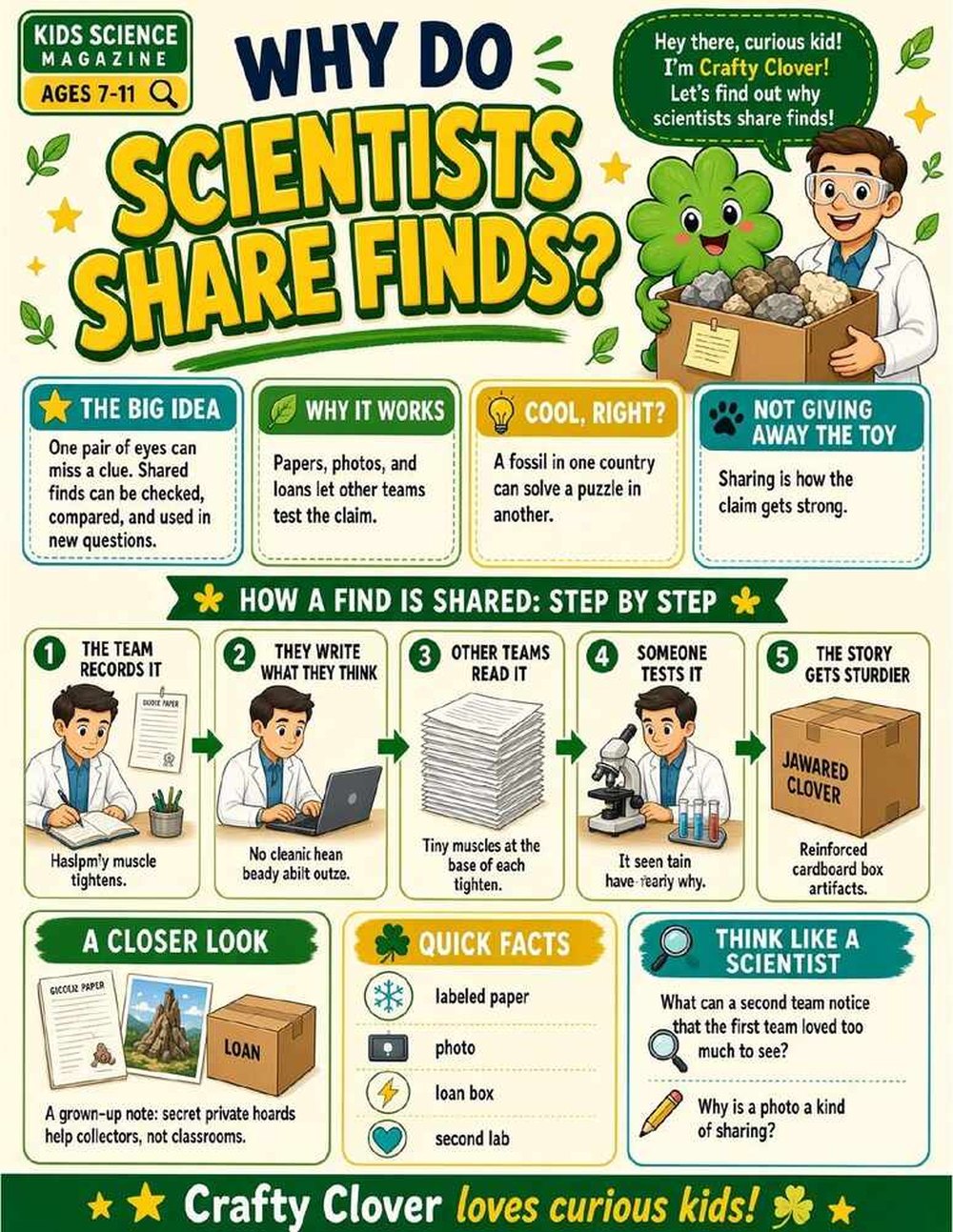 Illustrated page from A Million Whys Book 5 titled Is Caring! Why Do Scientists Share Their Finds, with Crafty Clover.